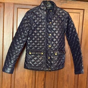 J. Crew Shiny Downtown Field Down Puffer Quilted Navy Jacket Gold Hardware Small